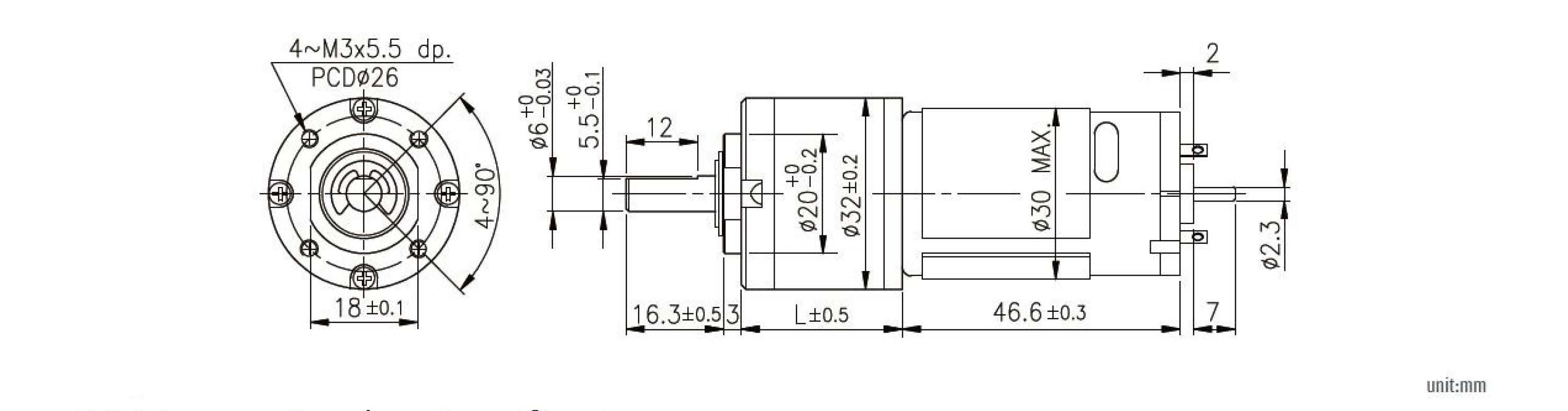 the drawing of 24V DC Planetary Gear Motor